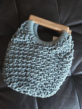 SOLD SOLDa new day Handwoven Knit Tote with Wooden Handles - Sage Green